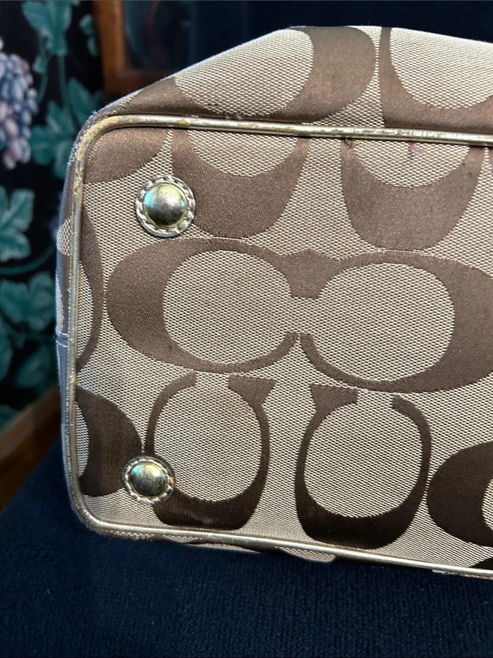 Coach Signature Monogram Canvas Tote w Gold Metallic Trim, Leather Straps